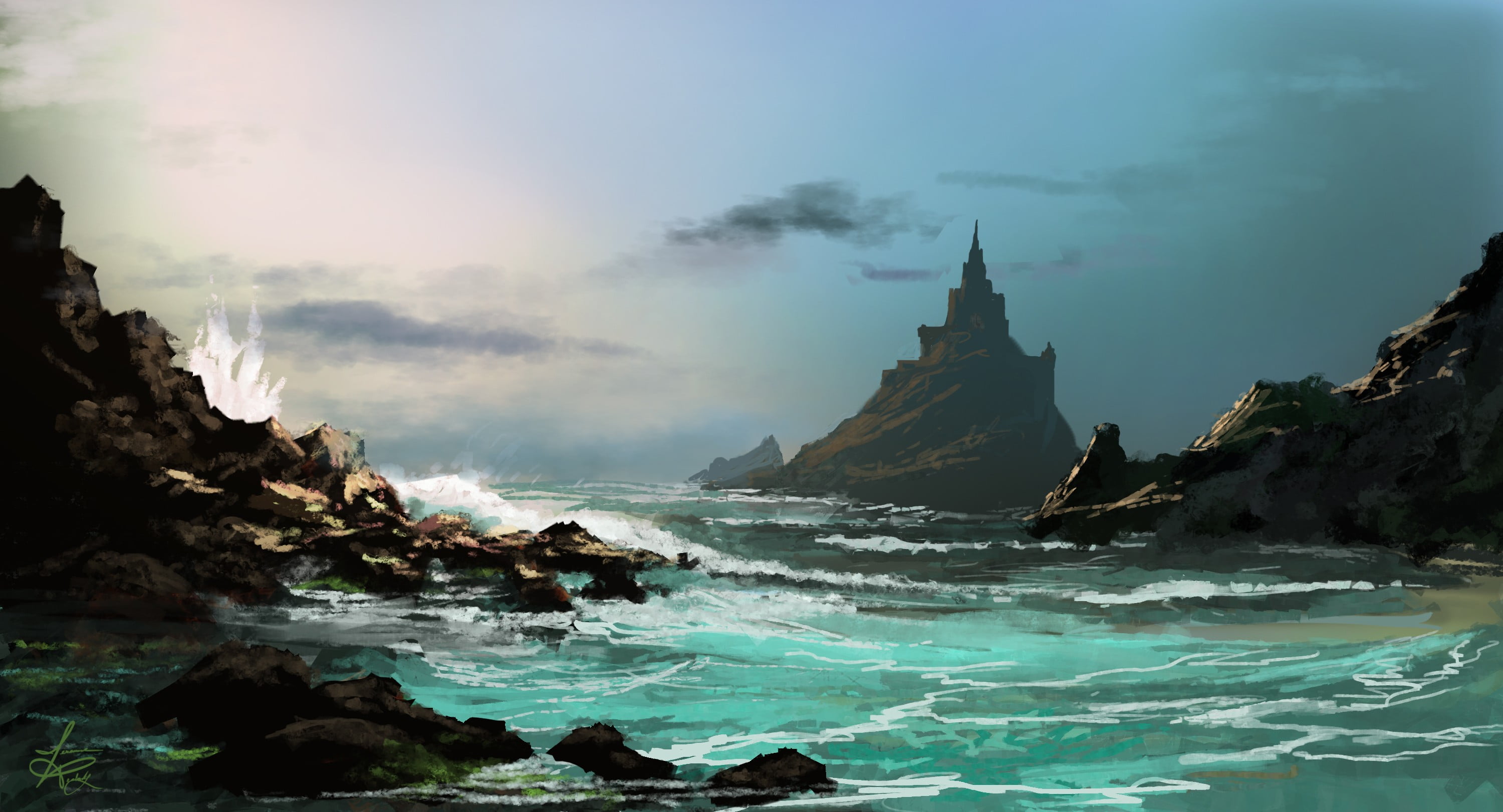 3000x1621 Body water digital wallpaper, fantasy art, digital art, rock, sea HD wallpaper