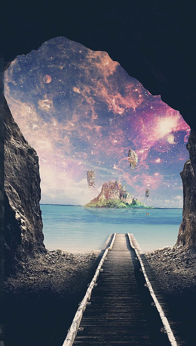 800x1411 Fantasy world, cave, island, nature, sea, star, HD phone wallpaper
