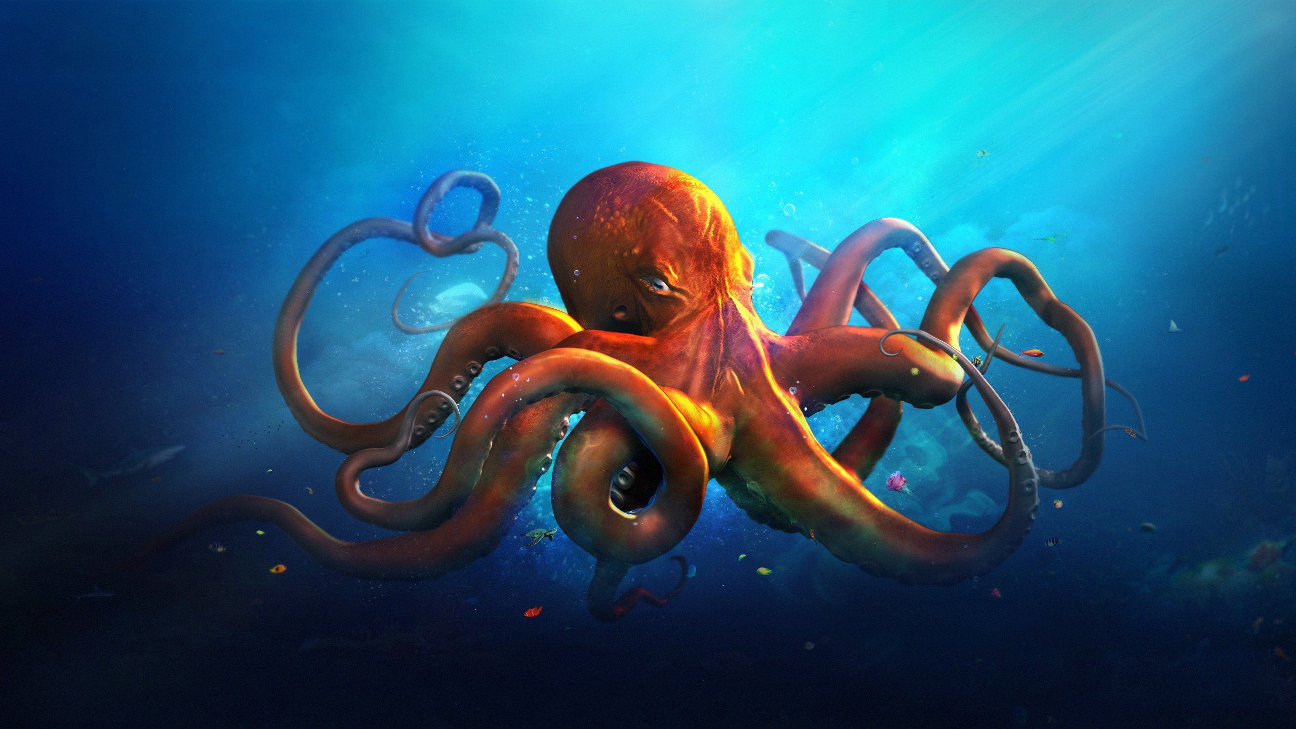 2560x1440 underwater, World, Animals, Octopus, Ocean, Sea, Fantasy, Artwork, Art Wallpaper HD / Desktop and Mobile Background