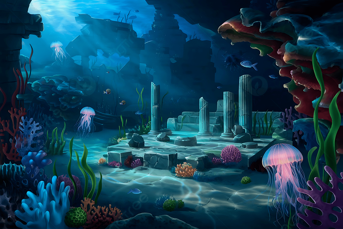 1200x800 Deep Sea Fantasy Scene With Jellyfish Corals And Ocean Floor Ruins, Underwater Fantasy World, Glowing Jellyfish, Ancient Ruins Background Image And Wallpaper for Free Download
