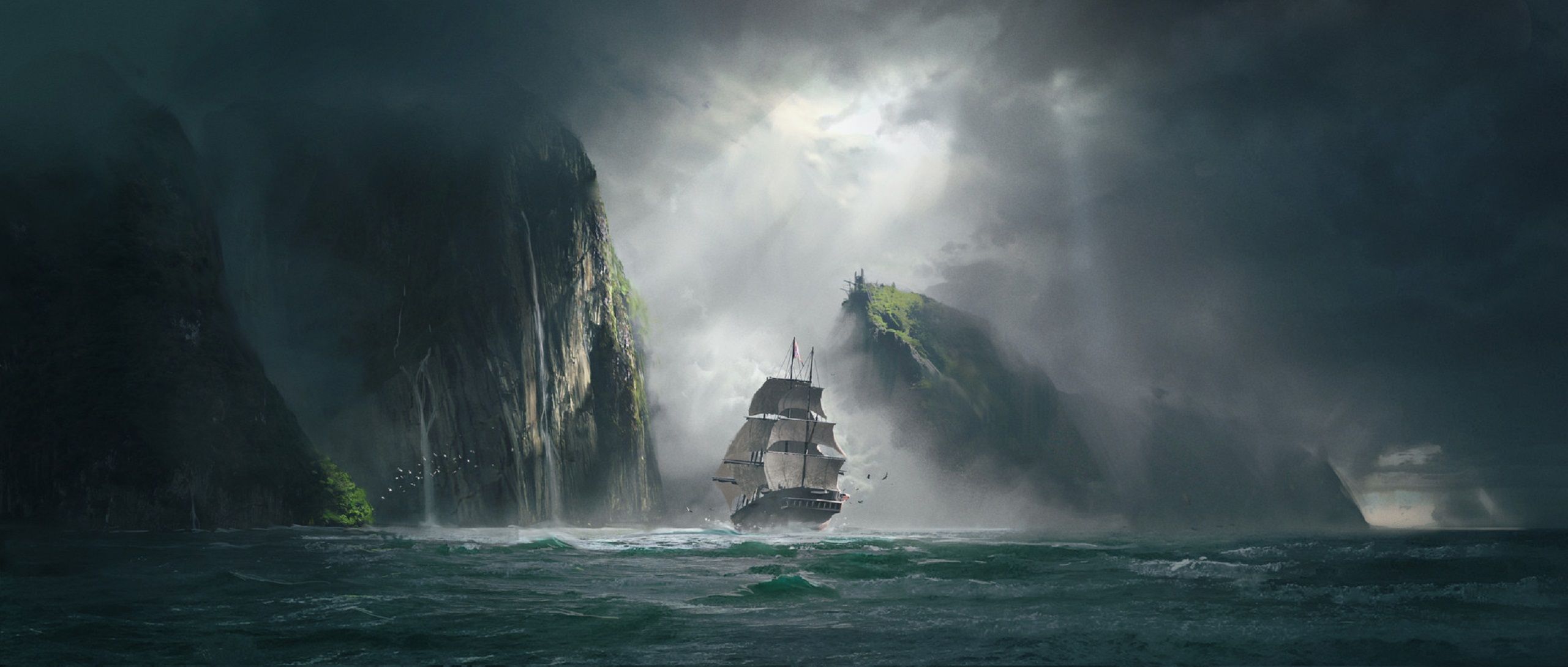 2561x1090 Phone wallpaper: Sea, Fantasy, Ship, Sailing, Storm 980249