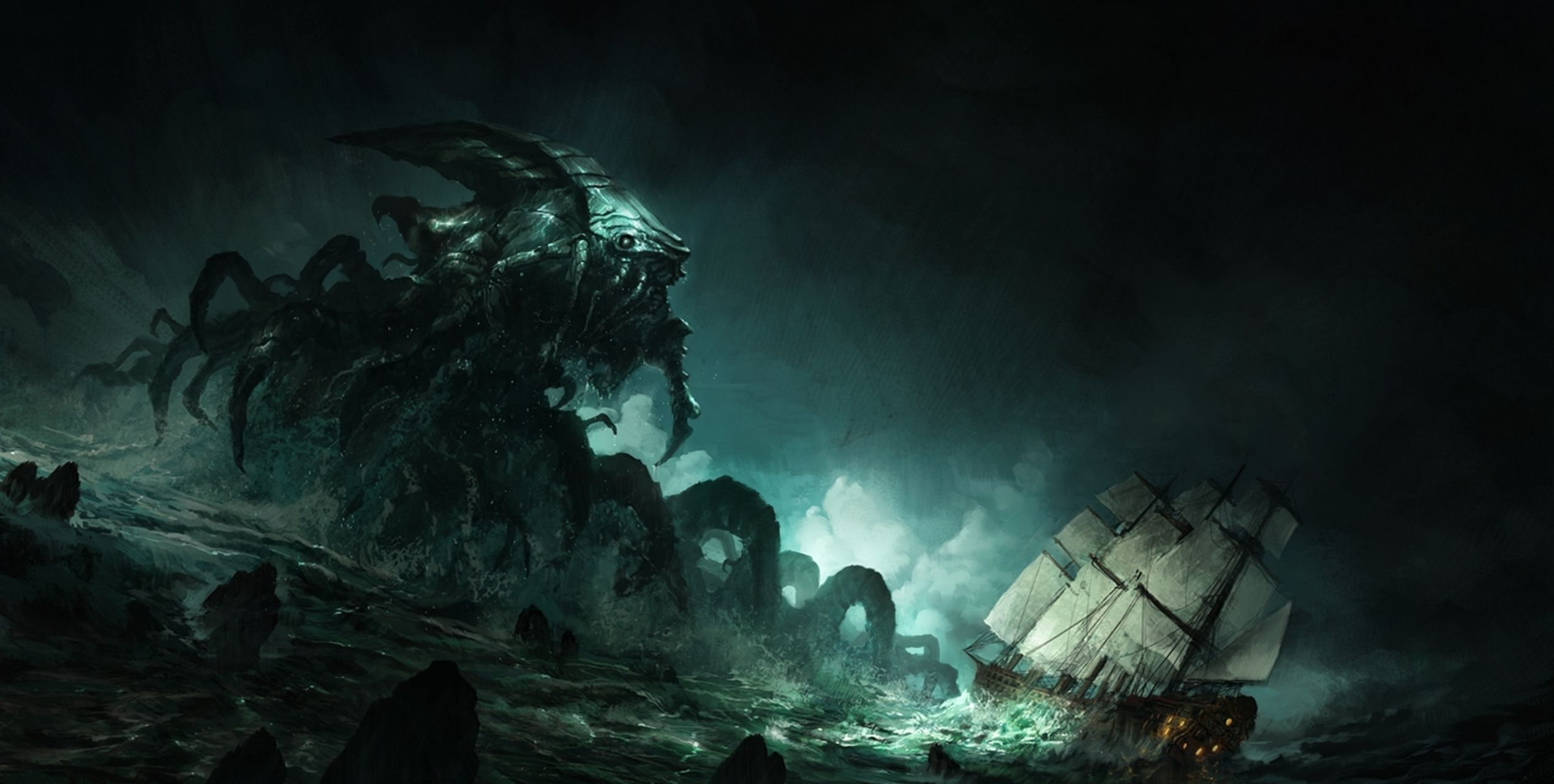 2537x1280 Phone wallpaper: Monster, Sea, Fantasy, Sea Monster, Creature, Leviathan, Ocean 691635