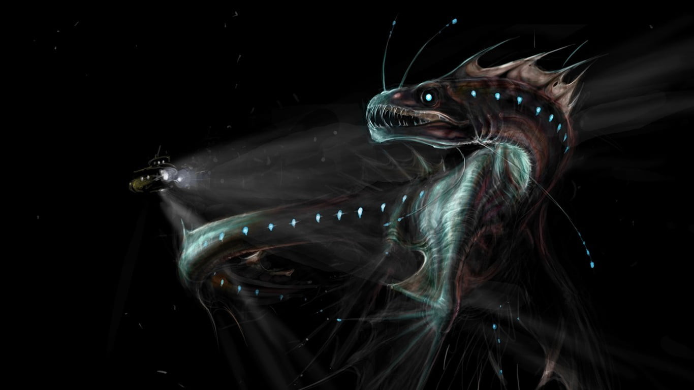 1366x768 Sea monster, fantasy art, underwater, creature, diving HD wallpaper