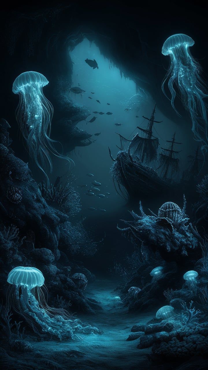 720x1280 Enigmatic Depths: A Dark Themed Ethereal Ocean Wallpaper