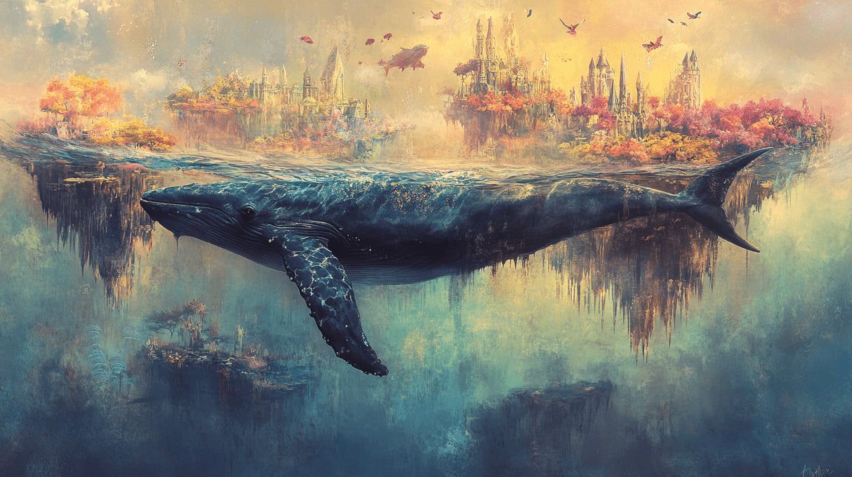 1214x680 Ocean Mural Wallpaper. Magical Whale and Fantasy Castle