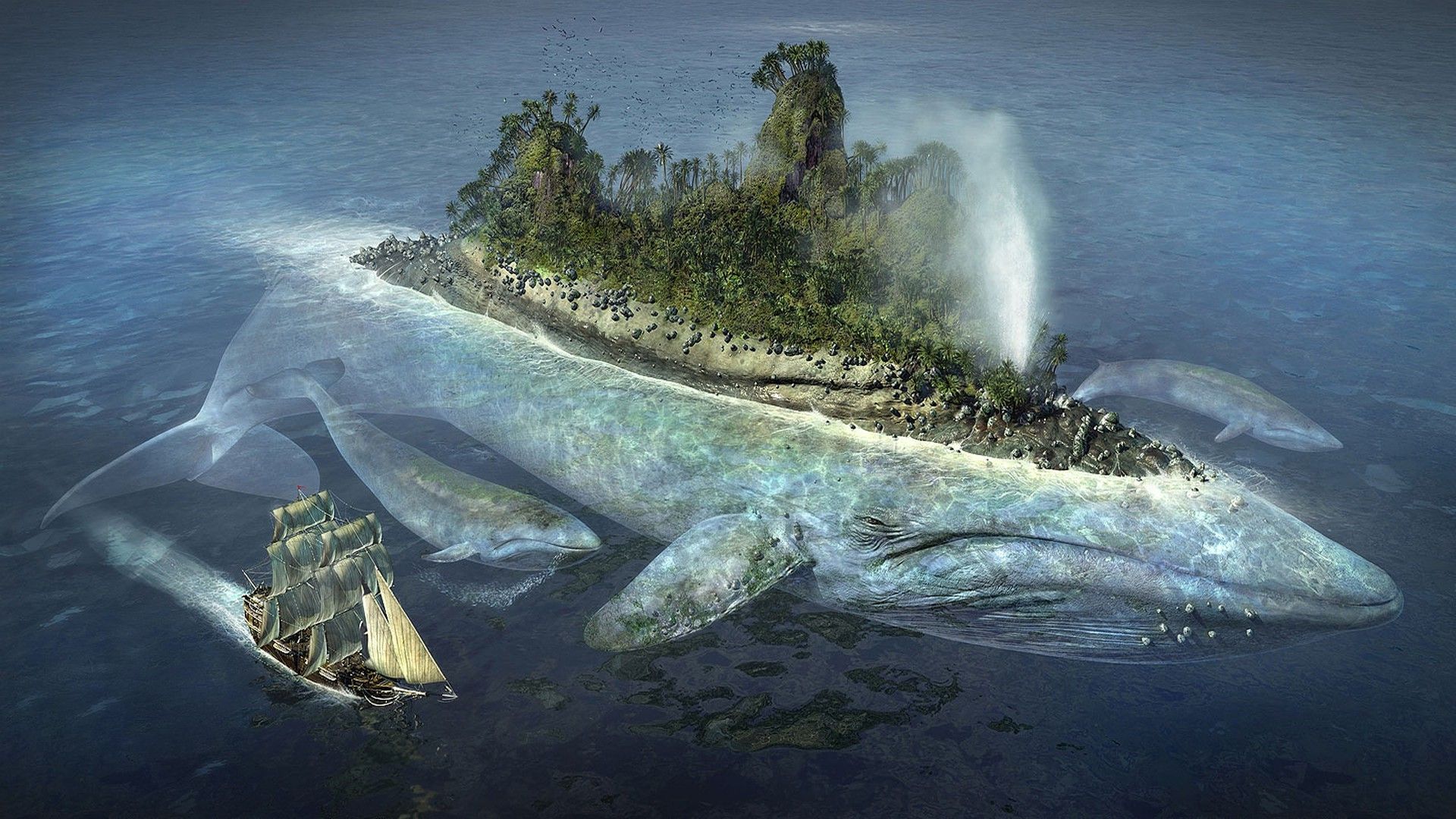 1920x1080 whale, Island, Ship, Sea, Fantasy Art, Water Wallpaper HD / Desktop and Mobile Background