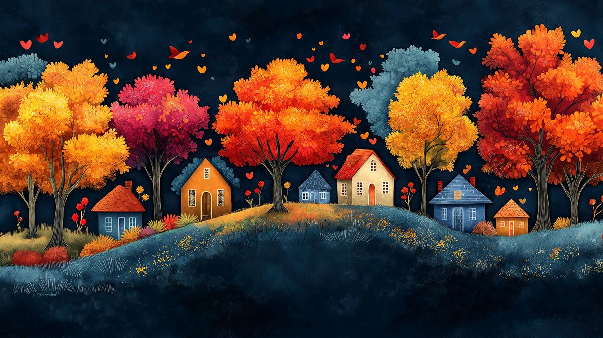 1200x673 Whimsical Autumn Village at Night Mural Wallpaper