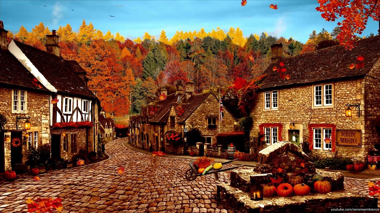 1280x720 Autumn Village Ambience: Horses, Bells, Chatter, Wood chopping, Leaves, Fall Town, ASMR Soundscape