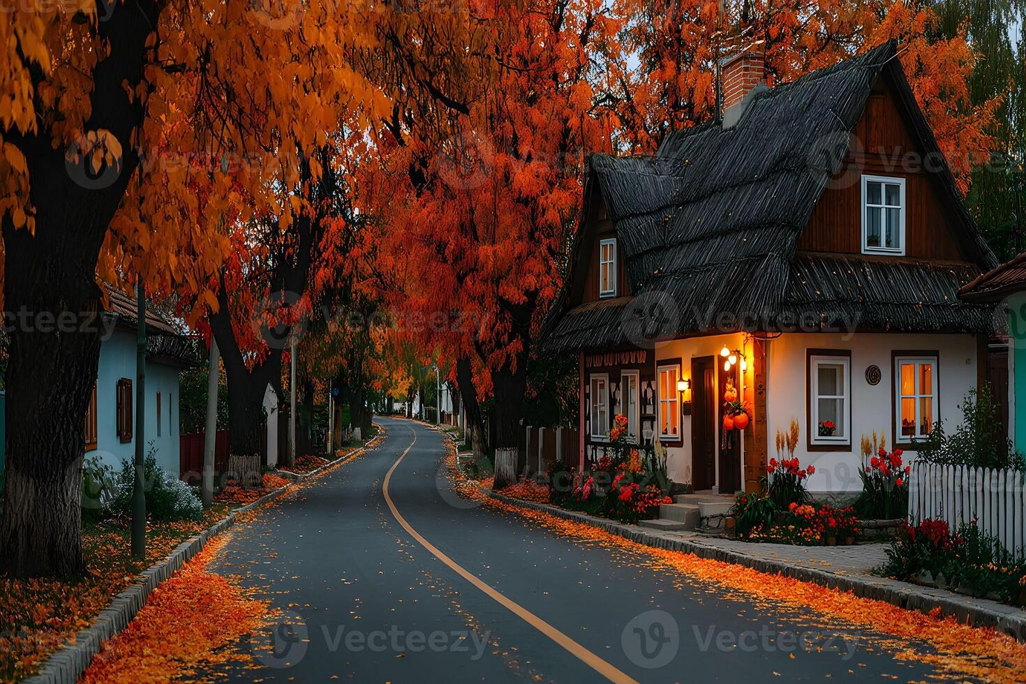 1470x980 Cozy Autumn Evening in a Pictureque Rural Village with Traditional Houses