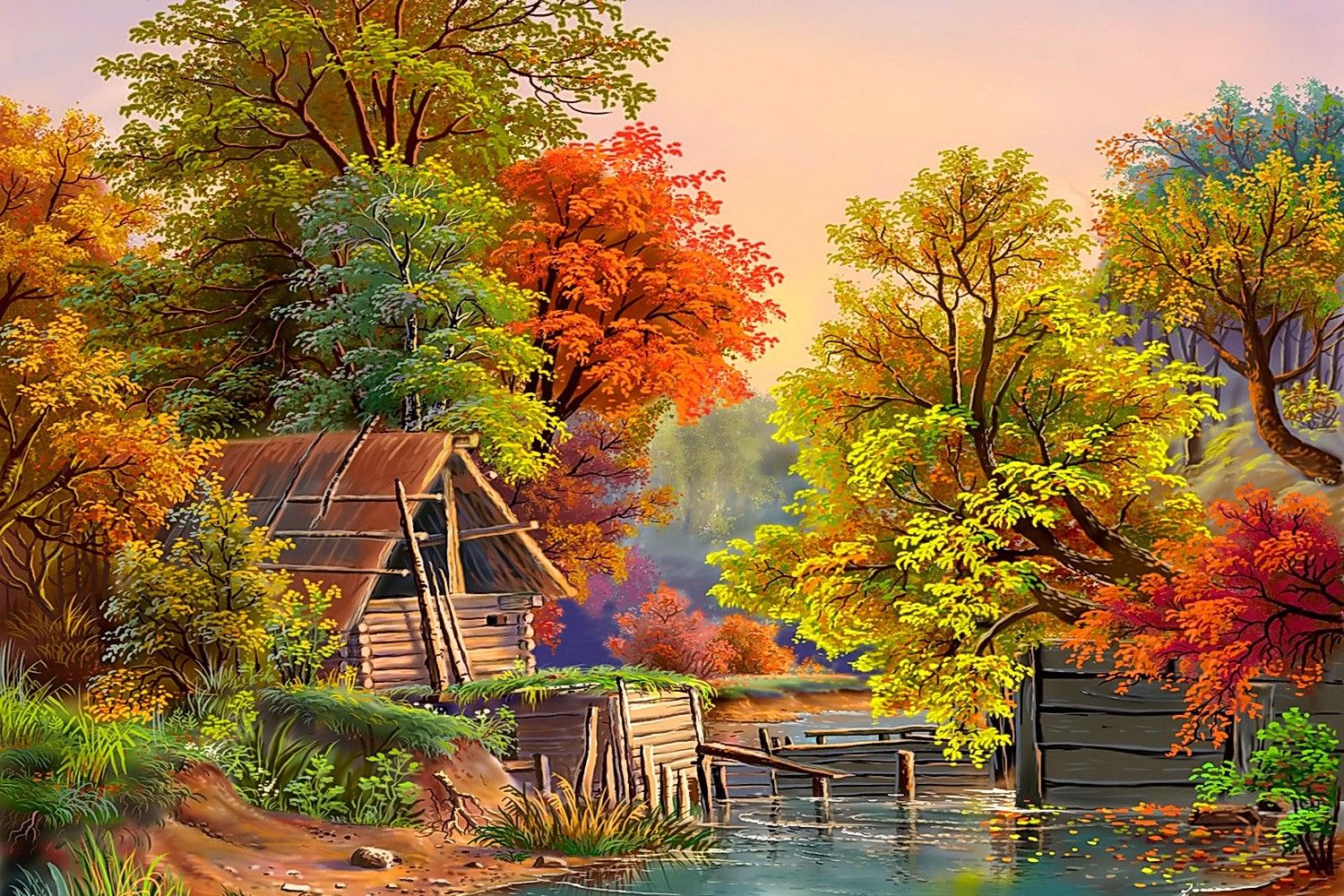 1500x1000 Autumn Tranquility: Artistic Pond and Shack HD Painting Wallpaperx1000