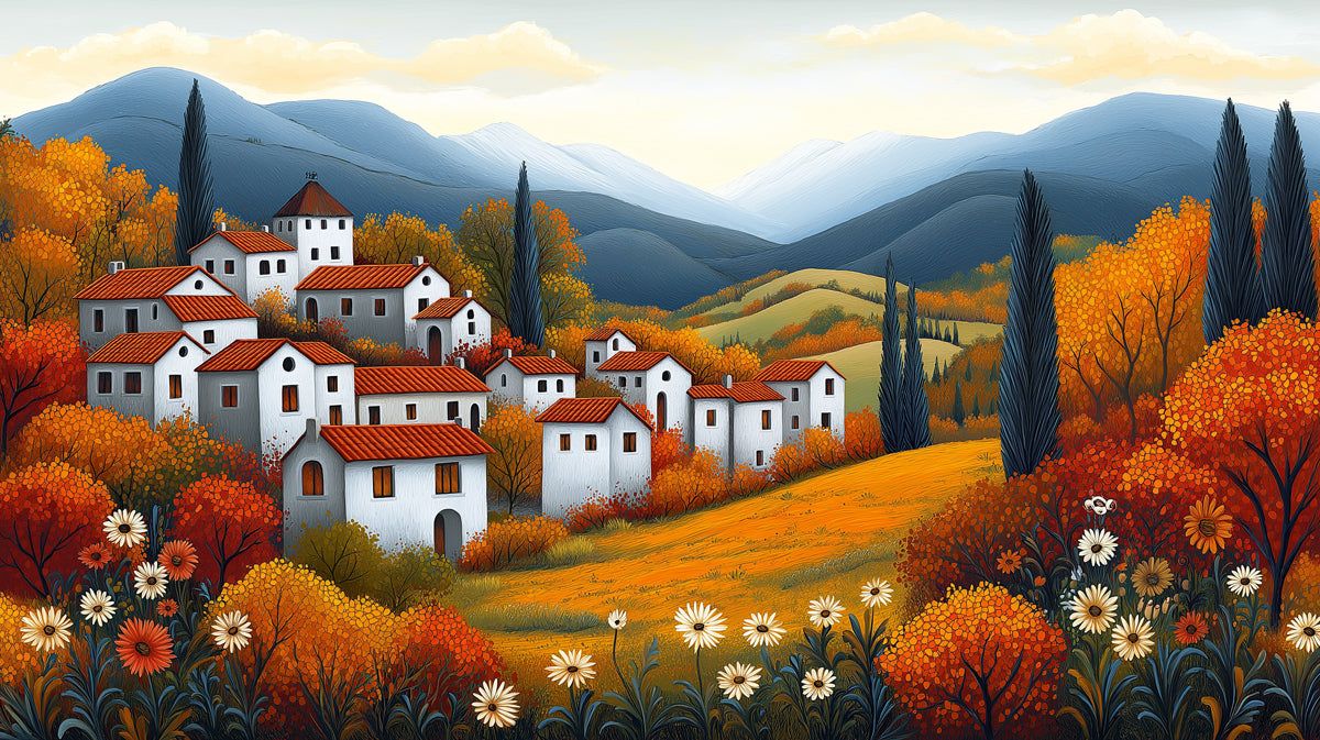 1200x673 Autumn Village Landscape Mural Wallpaper