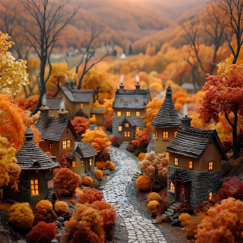 1000x1000 Golden Leaves Cottages Autumn Village Backdrop BRP9 152
