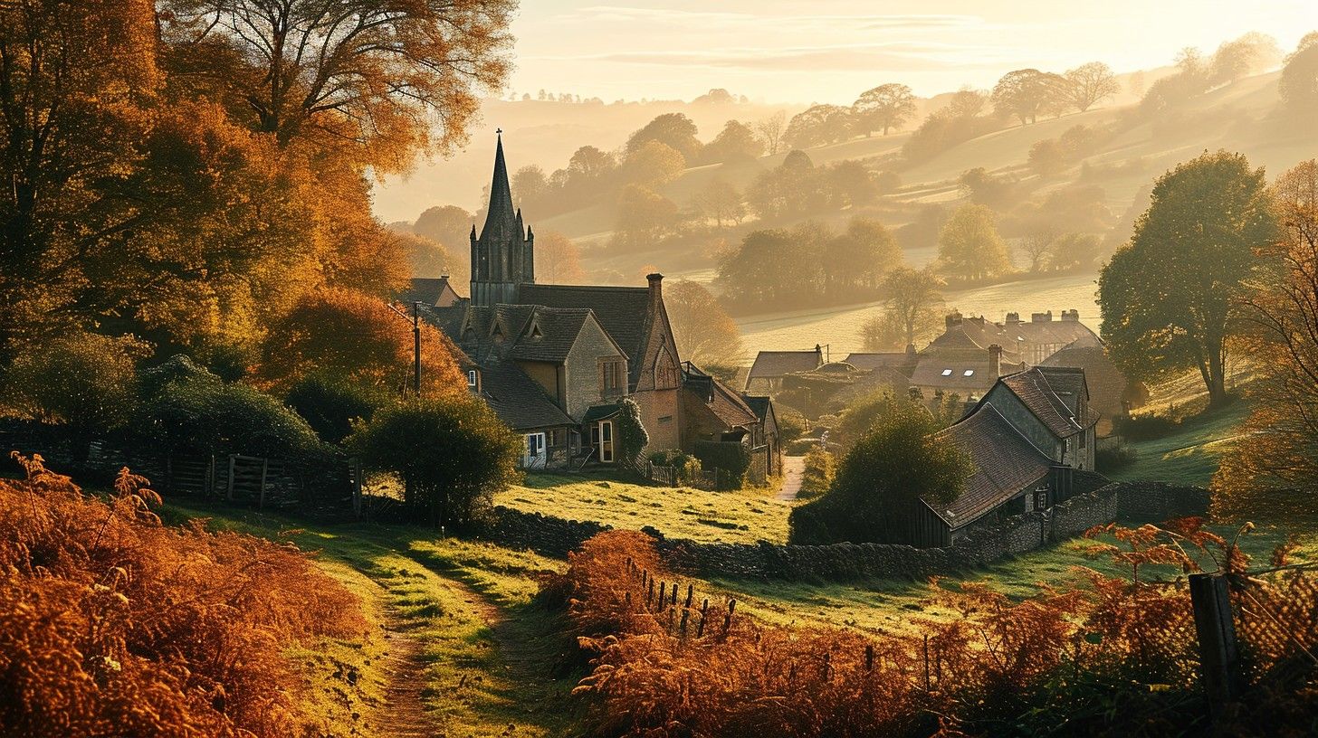 1456x816 Download Autumn Village Scene Image, Village, Morning