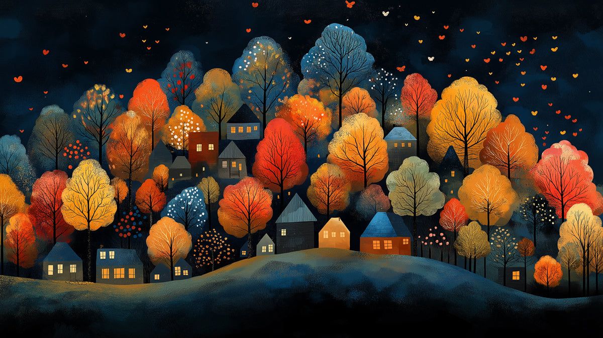 1200x673 Whimsical Autumn Village at Night Mural Wallpaper. Cozy and Colorful Scene