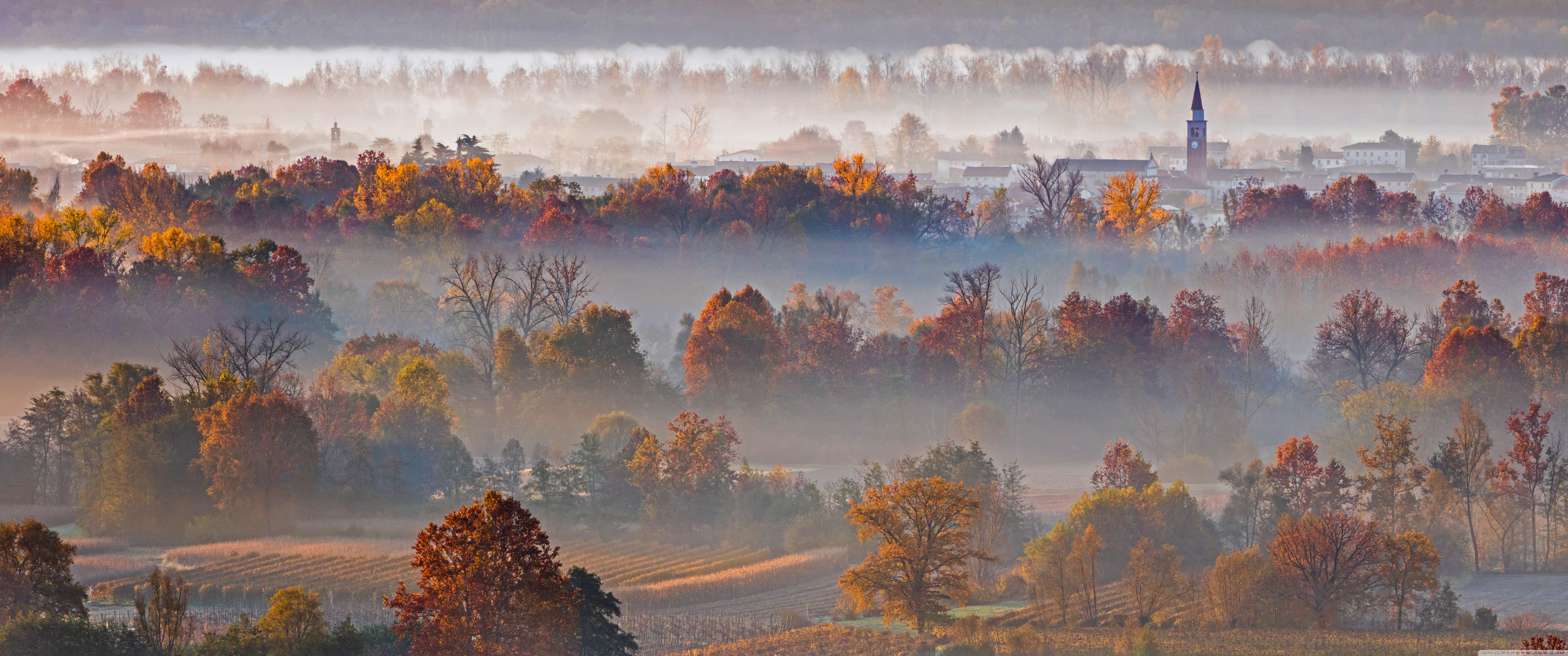 6880x2880 Autumn Landscape, Mist, Vineyards, Trees, Village 4K UHD Wallpaper for UltraHD Desktop and TV : Widescreen and UltraWide Display : Smartphone and Tablet Devices