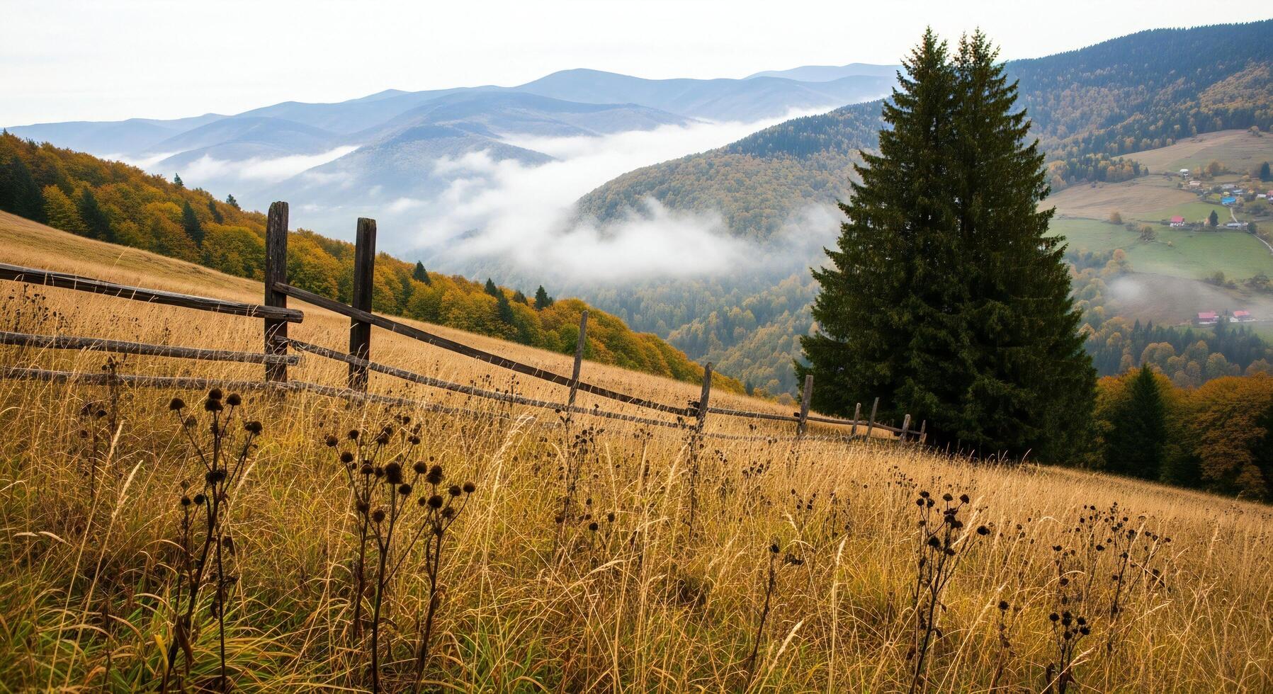 1797x980 Nature background, Nature wallpaper, Autumn mountain landscape with dry grass wooden fence evergreen tree and distant village