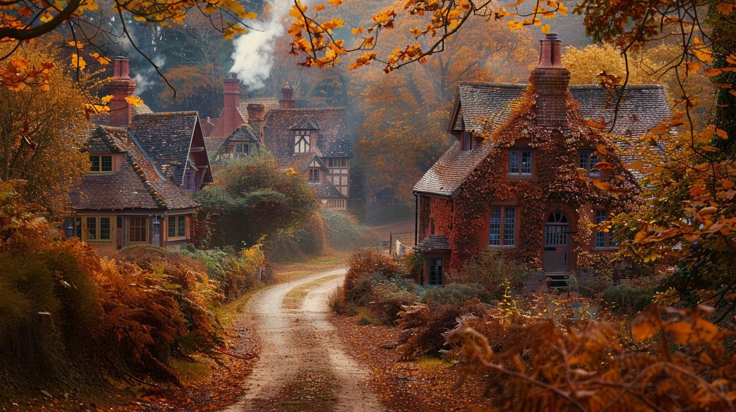 1456x816 Download Autumn Village Scene Image, Village, Cottages