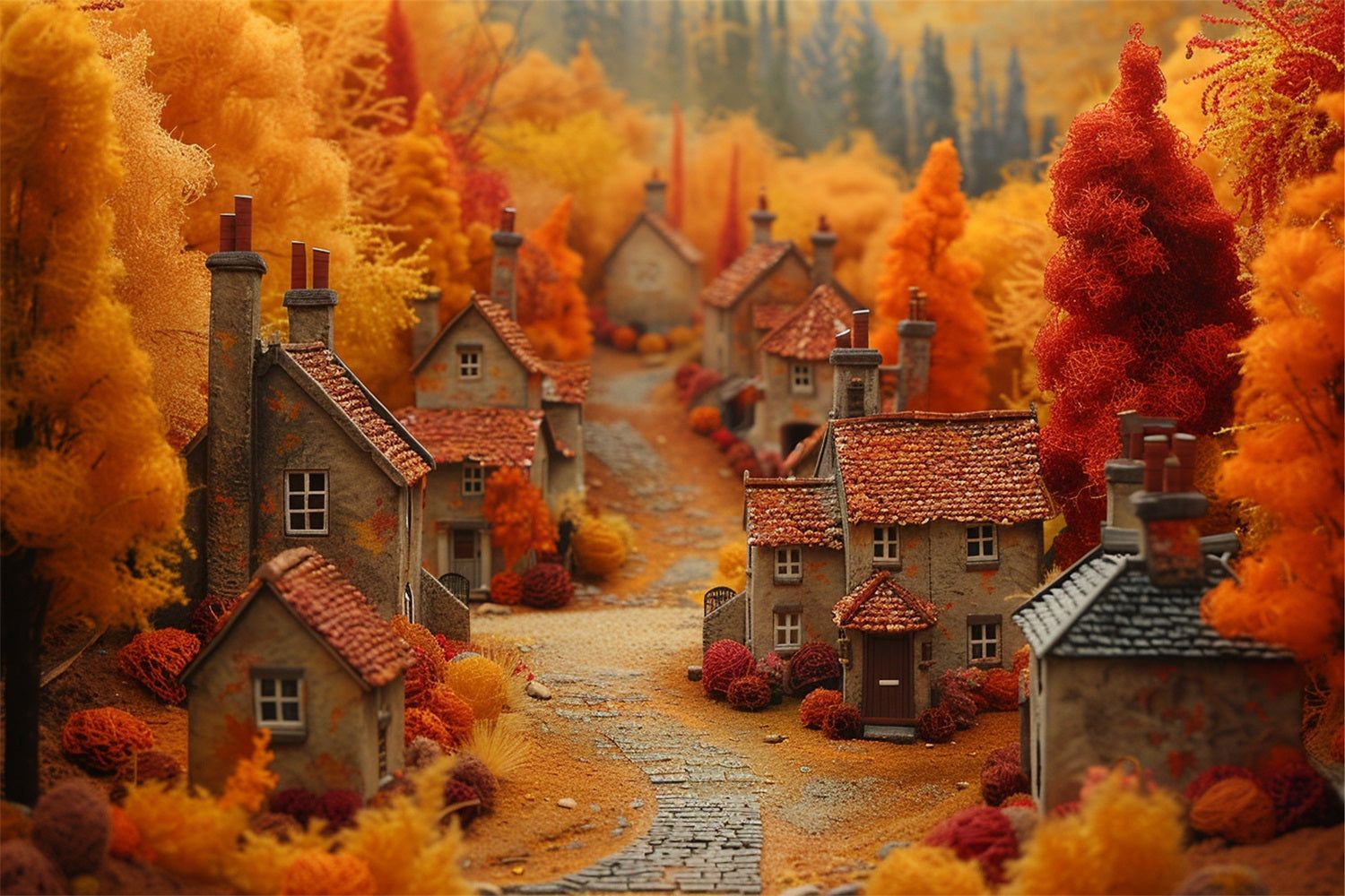 1500x1000 Storybook Fall Village Warm Orange Trees Backdrop BRP9 149