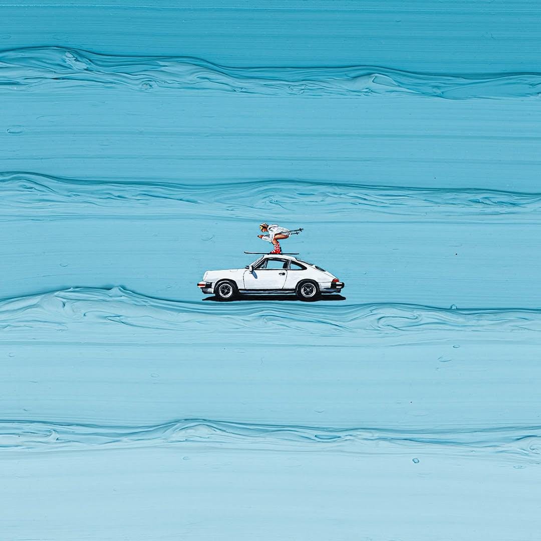 1080x1080 Textured Porsche Painting With Miniature Skiers, Winter Car Art