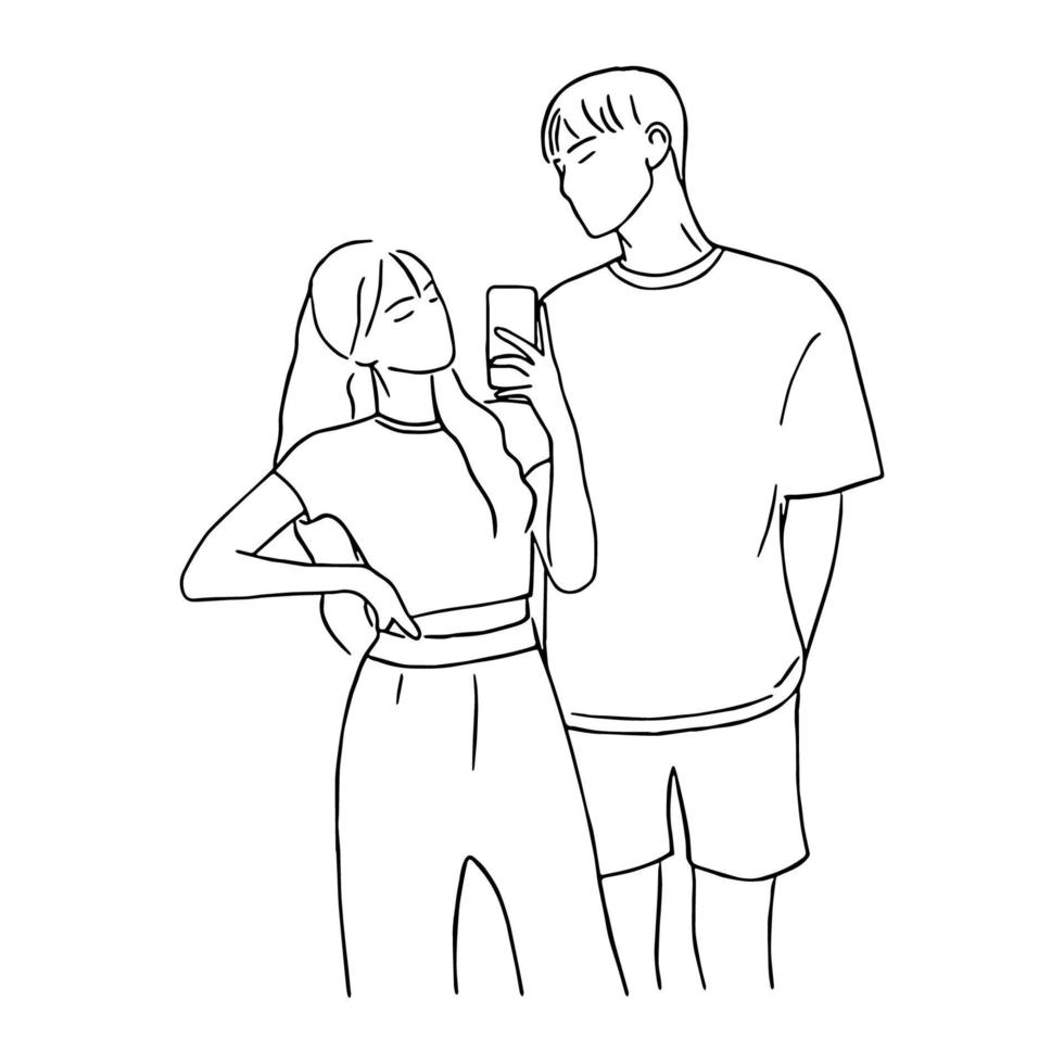 980x980 Line art minimal of lifestyle couple people taking photo in hand drawn concept for decoration, doodle style