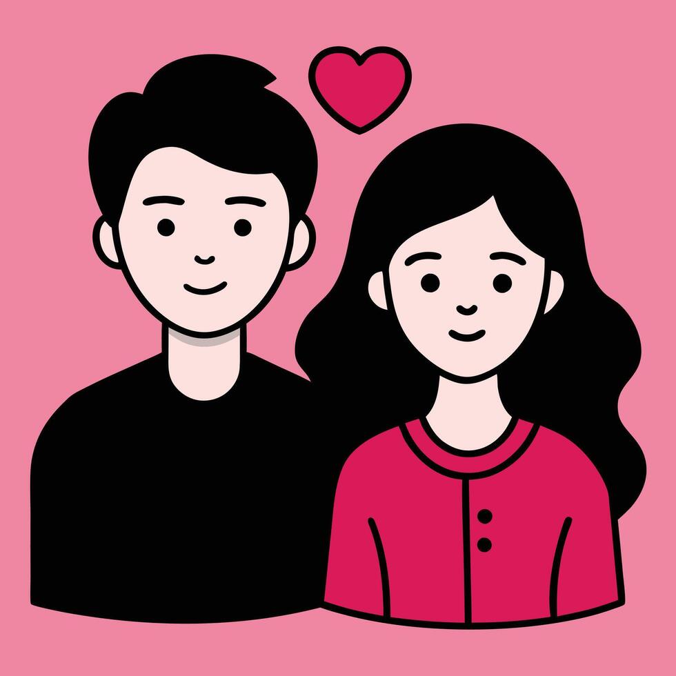 980x980 Minimalist couple illustration, flat design, pink background, black and red color scheme, simple cartoon style