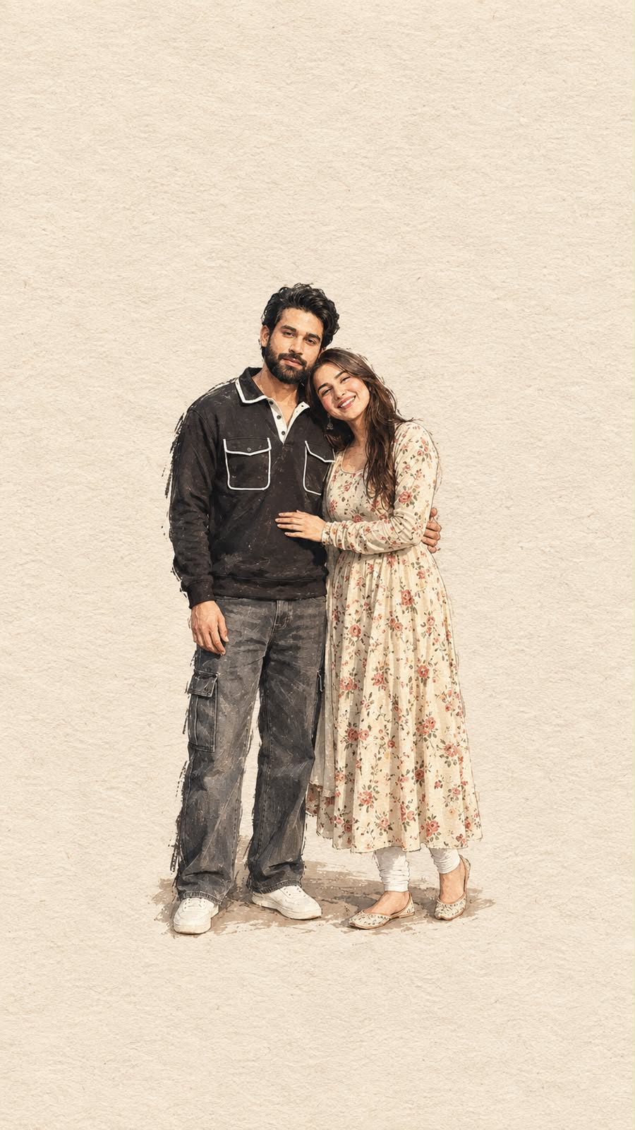 900x1600 Couple Handmade Paper Illustration Wallpaper AI Prompt Minimal Editorial