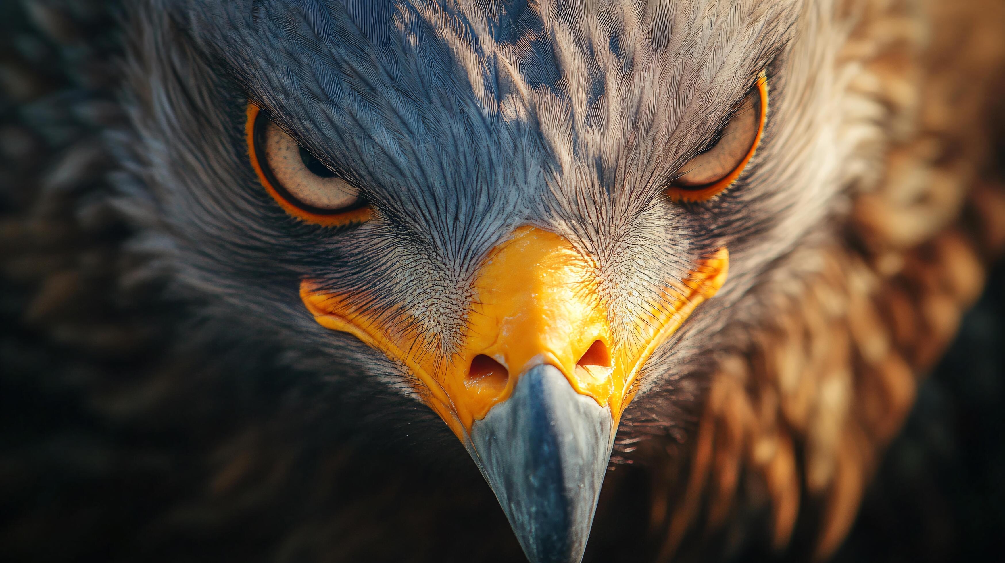 3497x1960 Close up of an eagle's face with its eyes wide open and its beak open. Concept of power and aggression