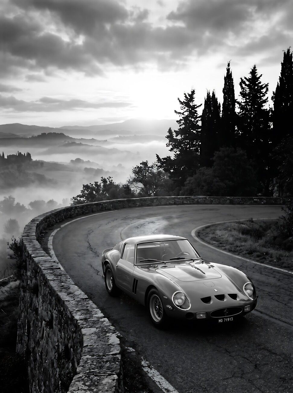 971x1300 Poster Black and White Photograph of a Classic Ferrari 250 GTO