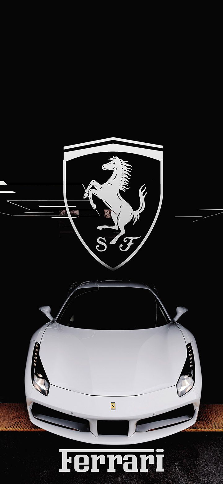 720x1560 White Ferrari sports car parked in a garage 4K phone Wallpaper