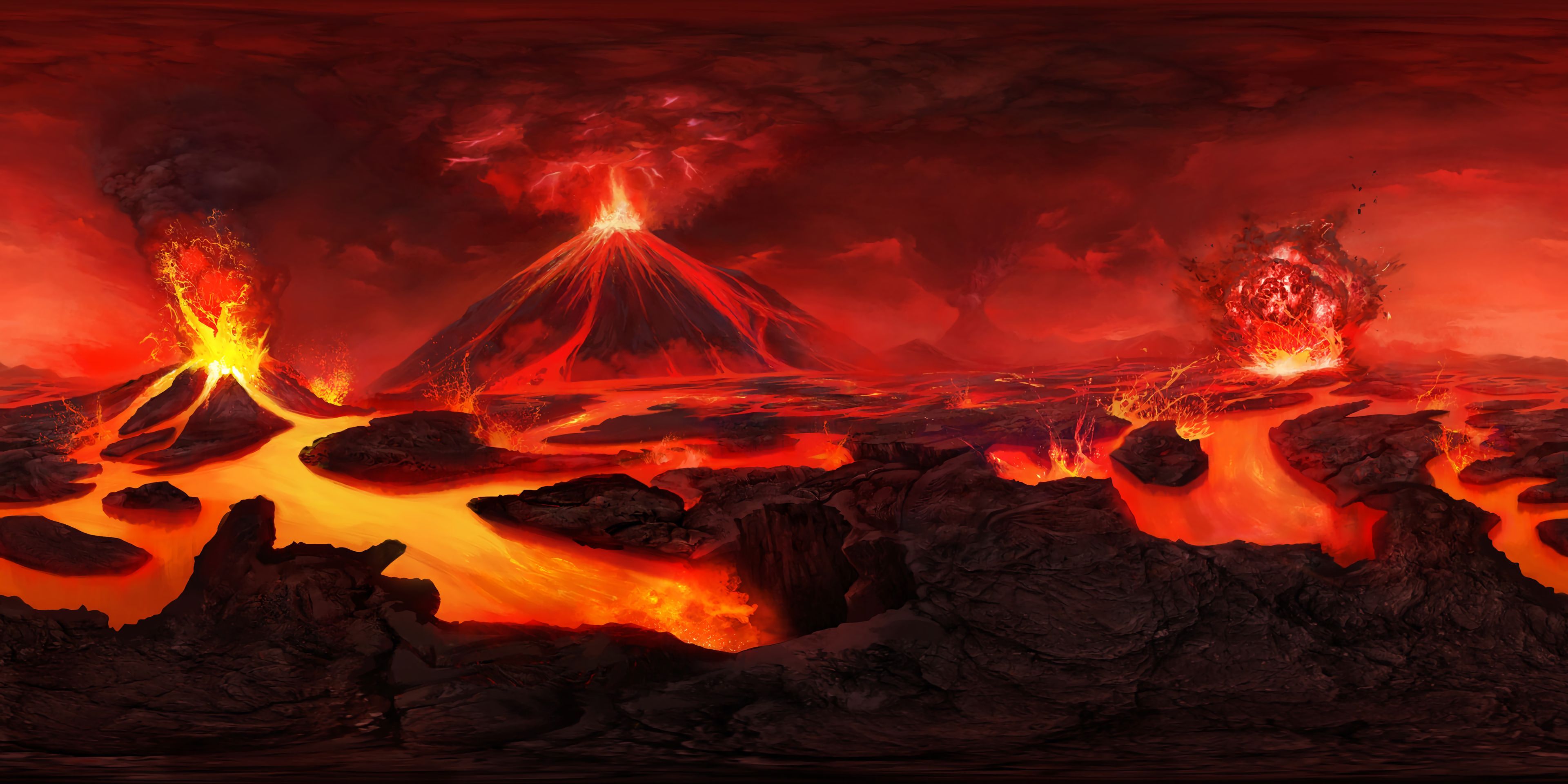 3840x1920 Phone wallpaper: Volcano, Lava, Art, Flash 87297