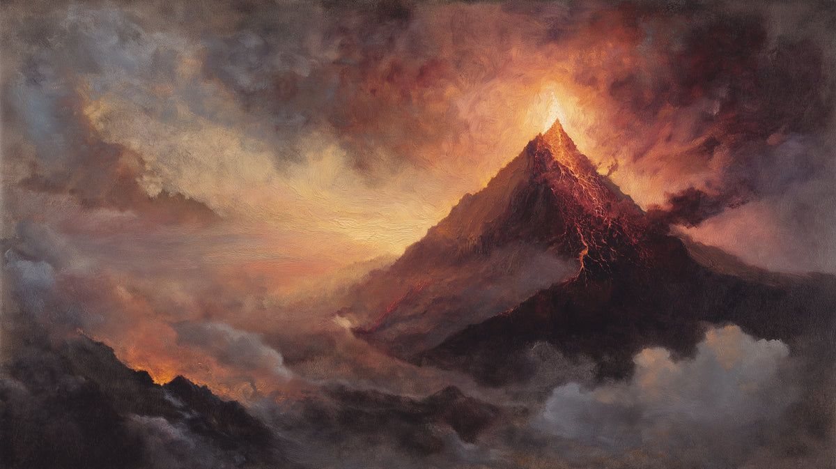 1200x673 Volcanic Eruption Landscape Mural. Oil Painting Wall Art