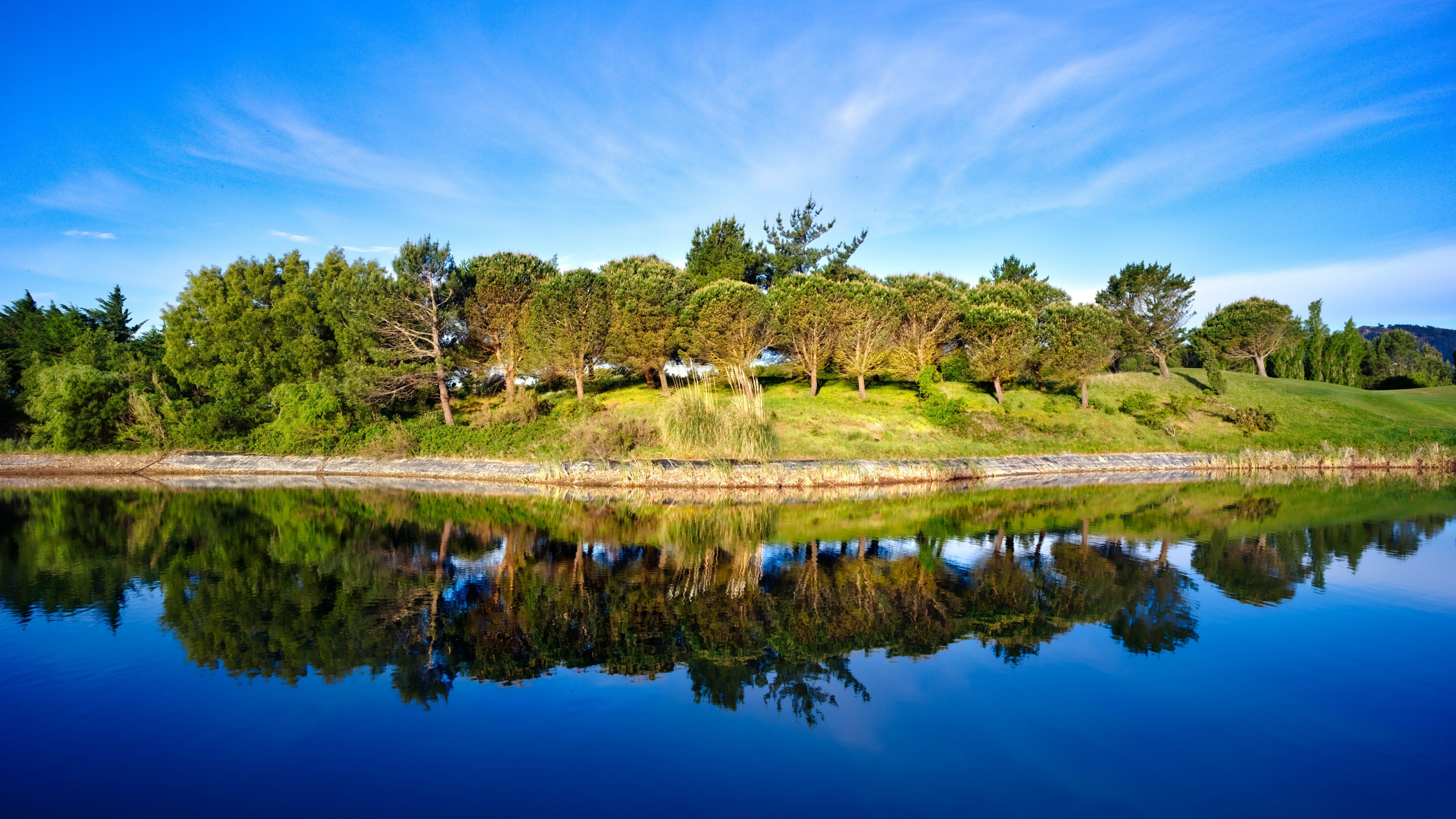 3840x2160 Green Trees Wallpaper 4K, Blue Sky, Golf course, Pond