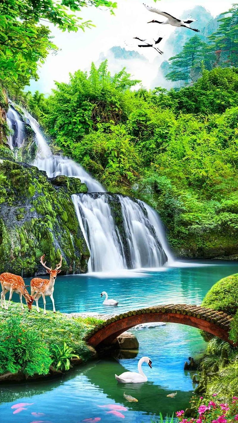 800x1422 Nature, birds, blue water, bridge, deer, green, lake, trees, waterfall, waterfalls, HD phone wallpaper