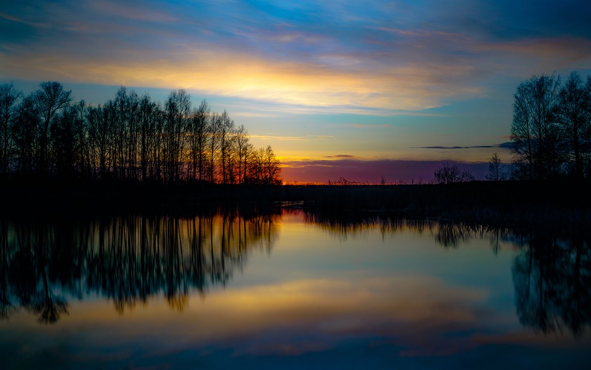 1200x752 Golden sunset over water with trees in calm view wallpaper®