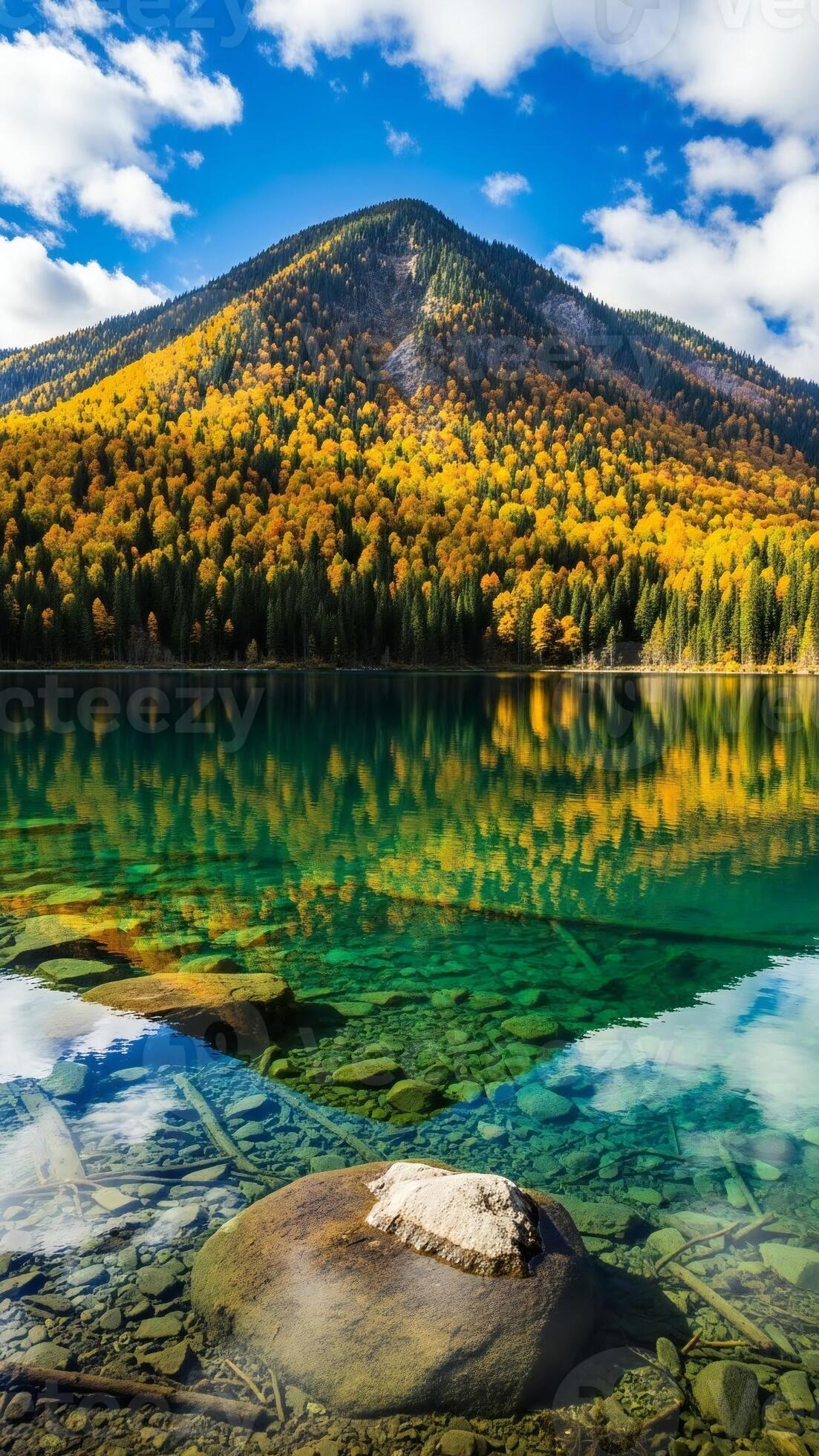 1103x1960 Nature wallpaper, Nature landscape, Autumn Mountain Lake Scene with Golden Trees and Clear Water