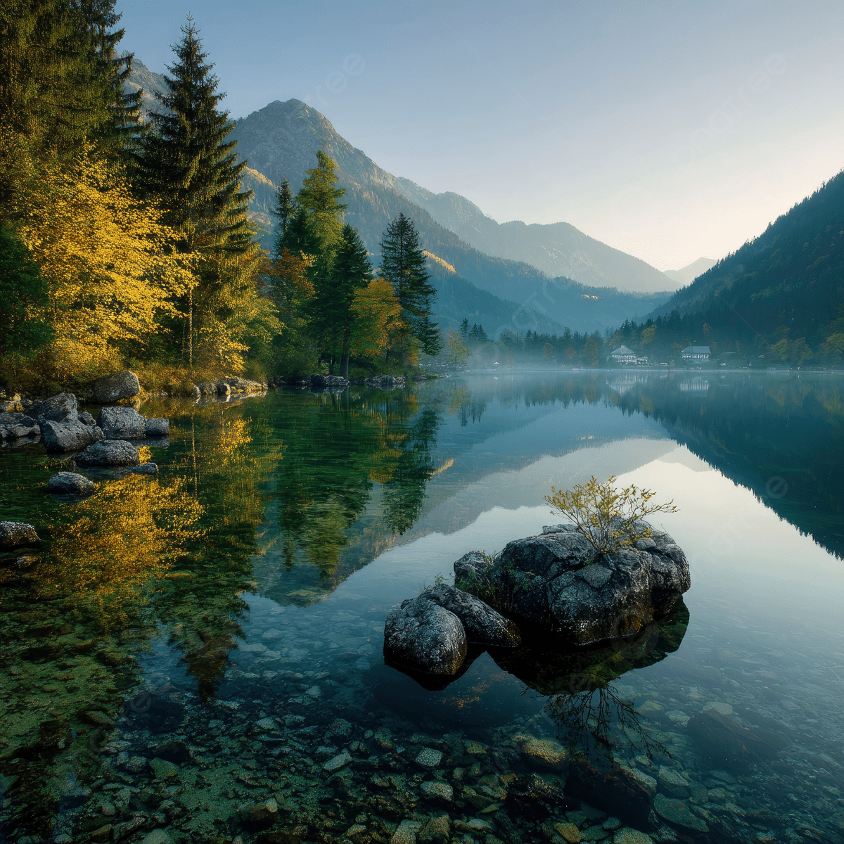 1200x1200 Beautiful Mountain Lake With Trees And Rocks In The Middle Of It Surrounded By Mountains Clear Water Foggy Morning Light, Lake, Mountain, Trees Background Image And Wallpaper for Free Download