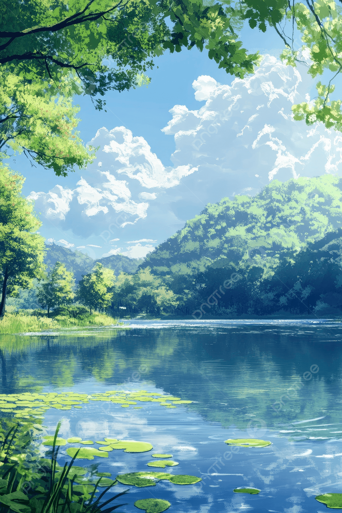 1200x1800 Art Of Beautiful Lake With Green Trees And Blue Sky On Background Wallpaper Image For Free Download