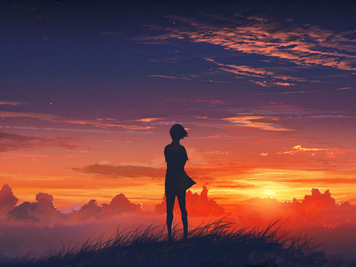1440x1080 Download Anime Girl Sunset Hill, Anime, Young woman, Sunset, Silhouette, Sky Wallpaper in 1440x1080 Resolution