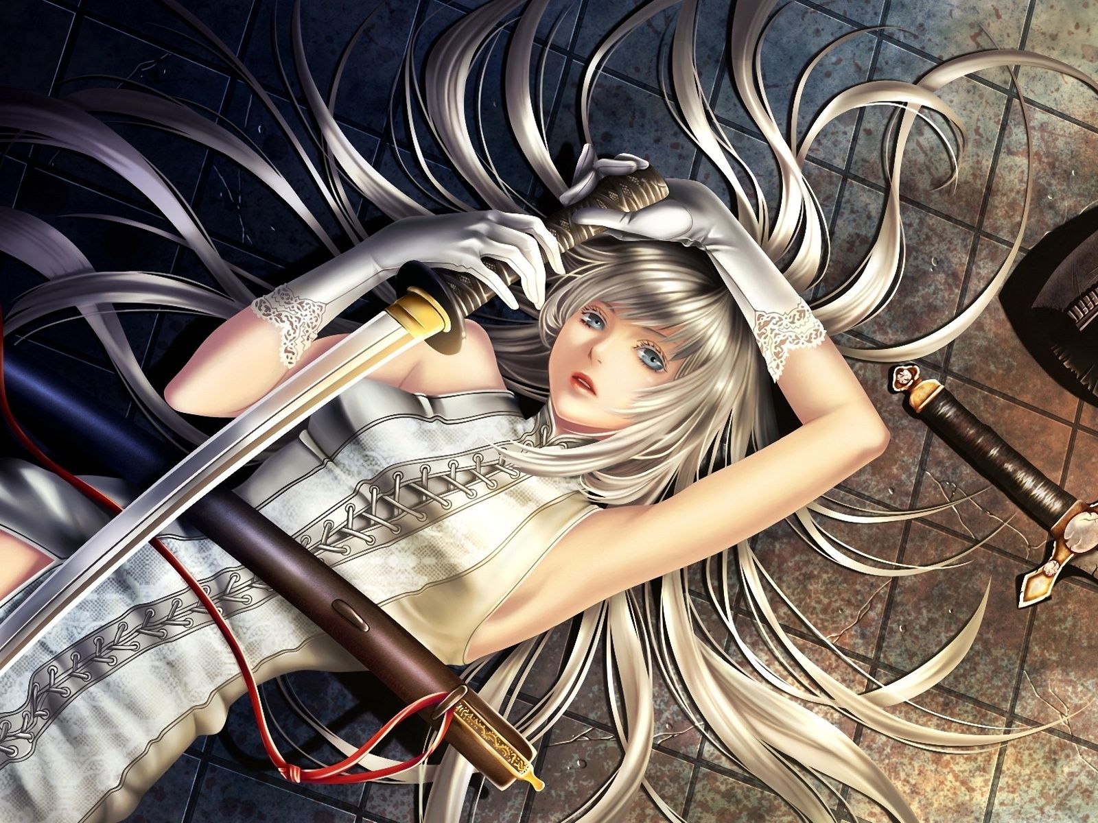 1600x1200 Wallpaper White Haired Anime Girl Lying On The Ground, Holding A Sword 1920x1200 Picture, Image