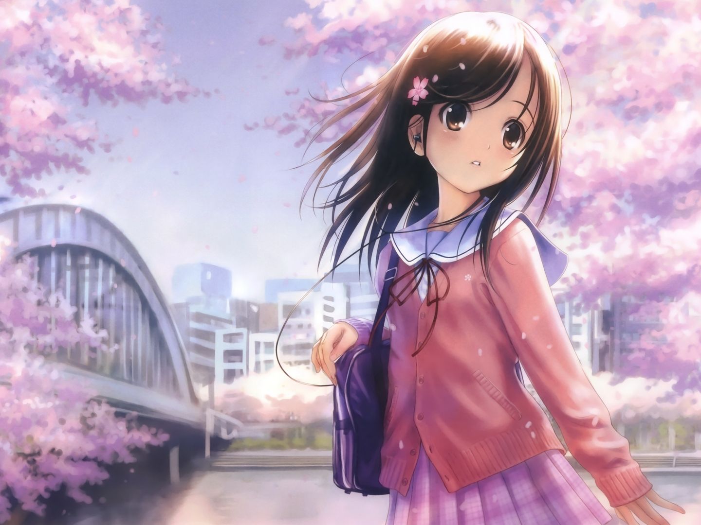 1440x1080 Download Cute Anime Girl Cherry Blossom, Cute, Anime, Young woman, Cherry, Blossom Wallpaper in 1440x1080 Resolution