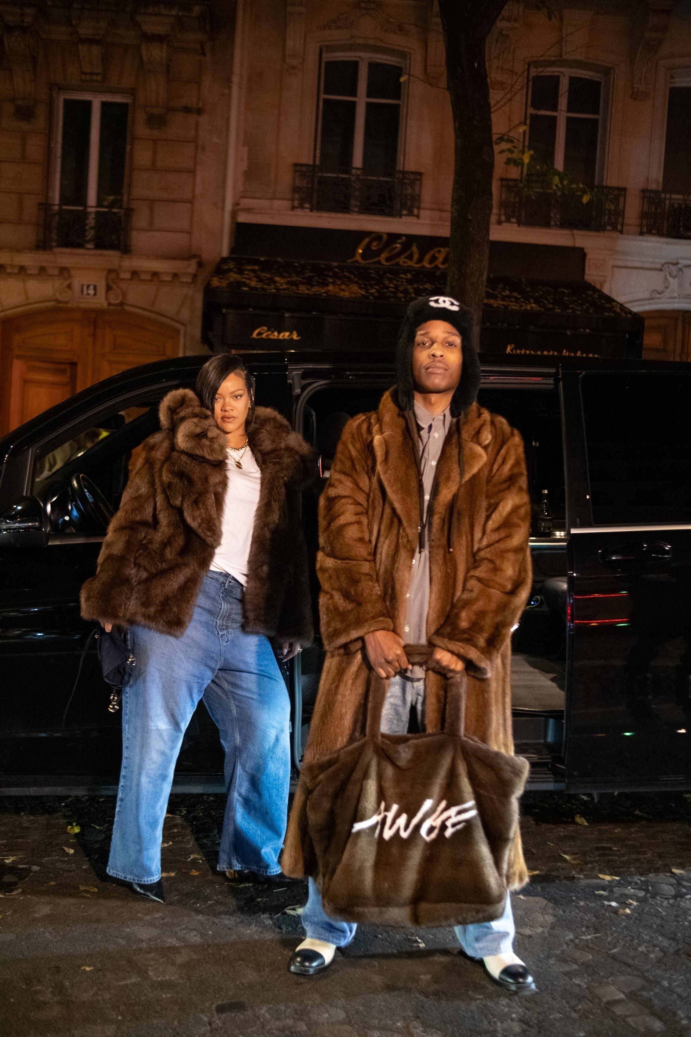 2333x3500 Rihanna Influences A$AP Rocky to Wear Matching Fur Coats and Jeans for Paris Date Night