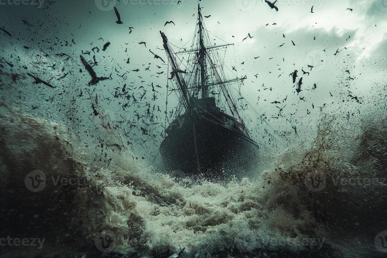 1470x980 fishing boat is tossed powerful waves amidst tumultuous ocean as rain pours down creating chaotic atmosphere dark ominous clouds overhead