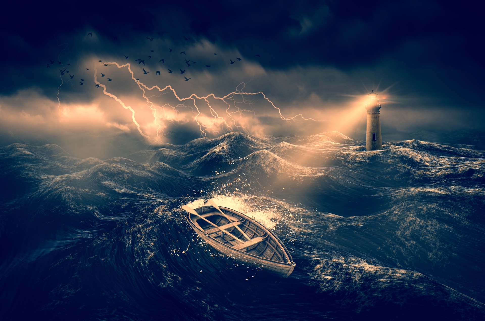 1920x1271 Wooden boat in a stormy sea