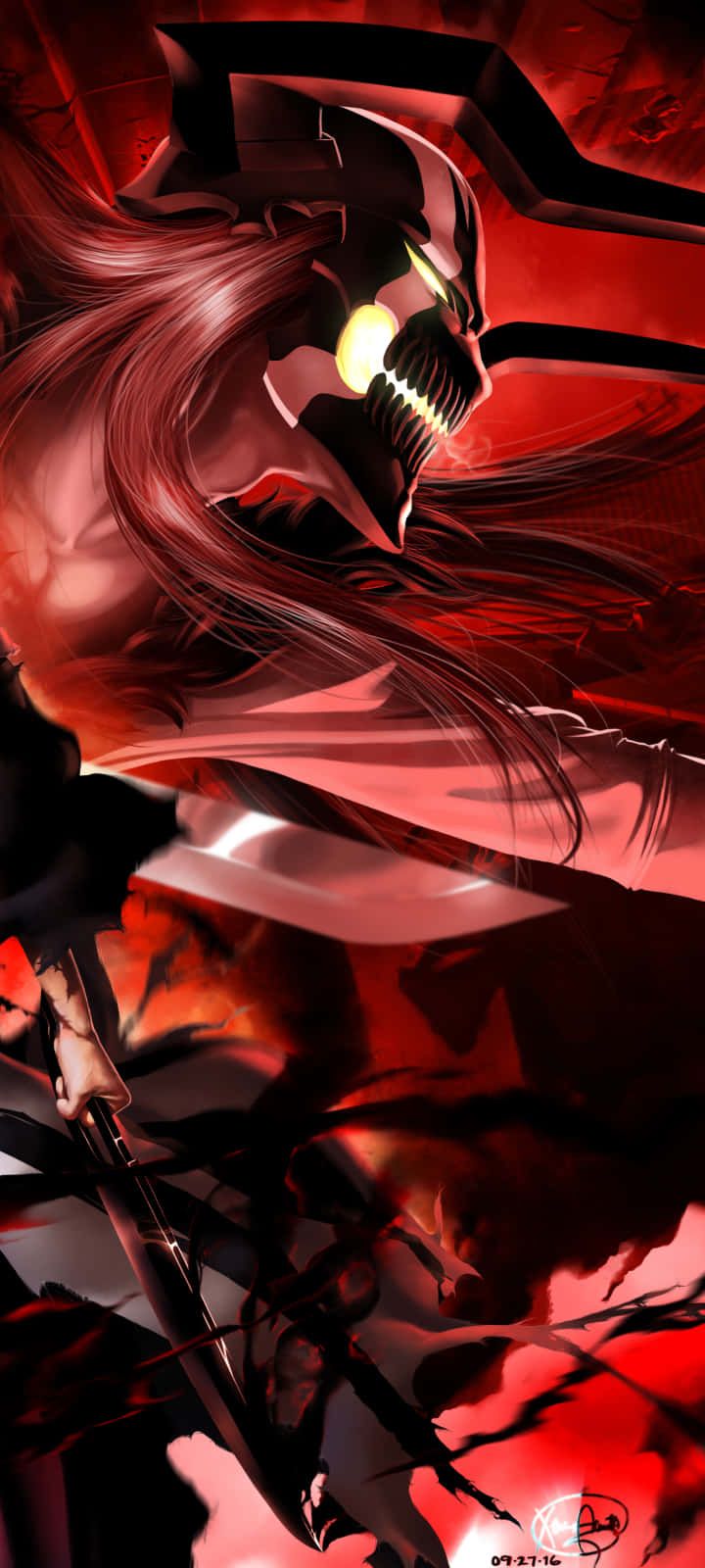 720x1600 Download a red and black anime character with long hair Wallpaper