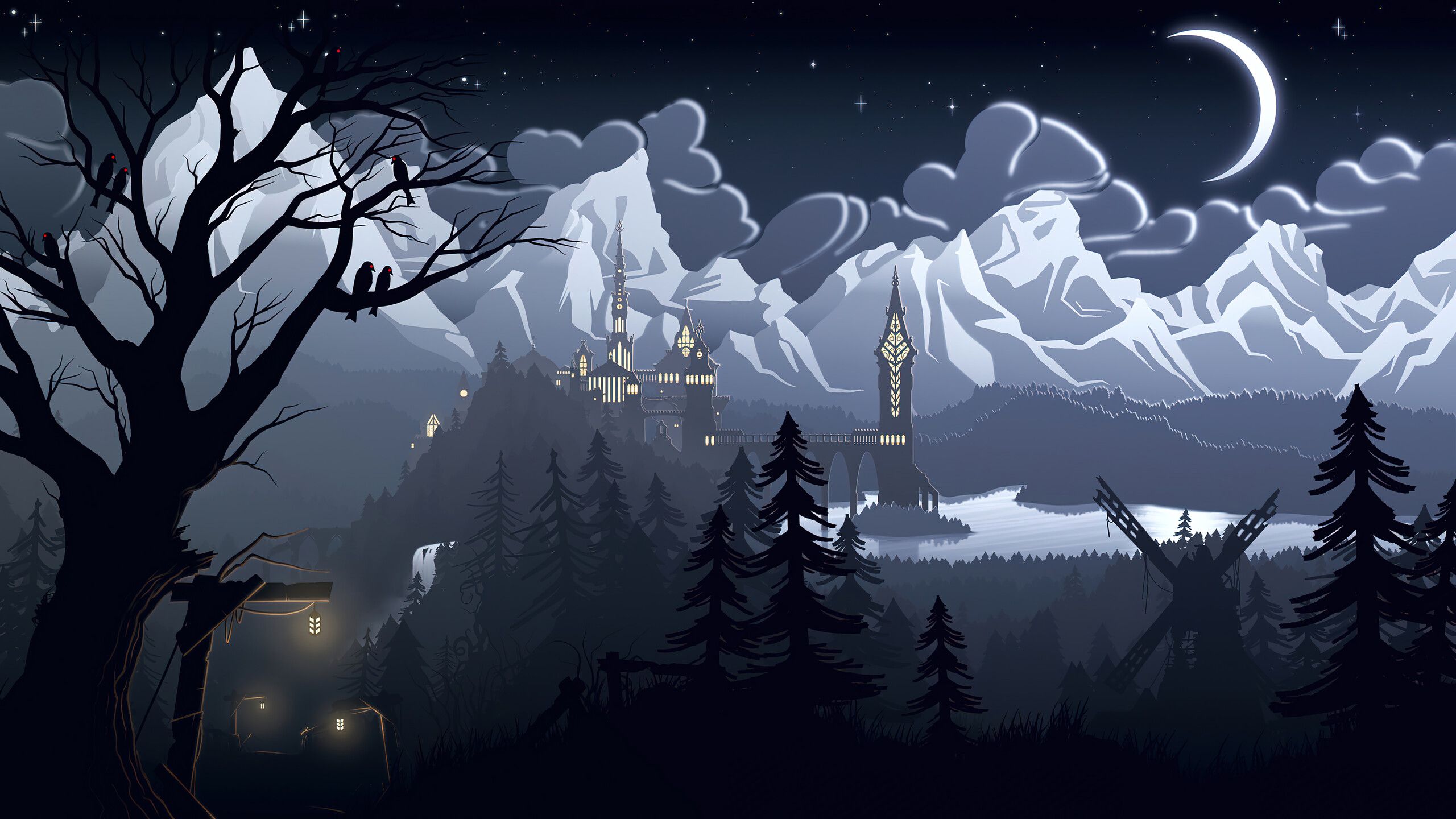 2560x1440 Minimalist Castle Forest Silhouette Night Sky 4K Wallpaper iPhone HD Phone f