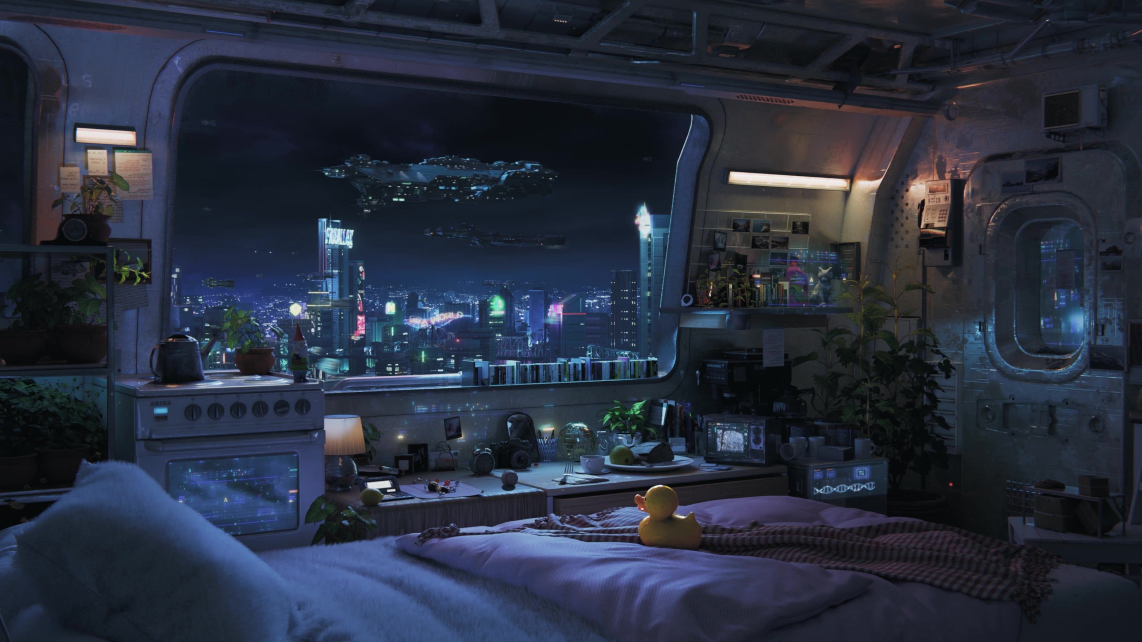 3840x2160 Dystopian Cyberpunk Room Live Wallpaper
