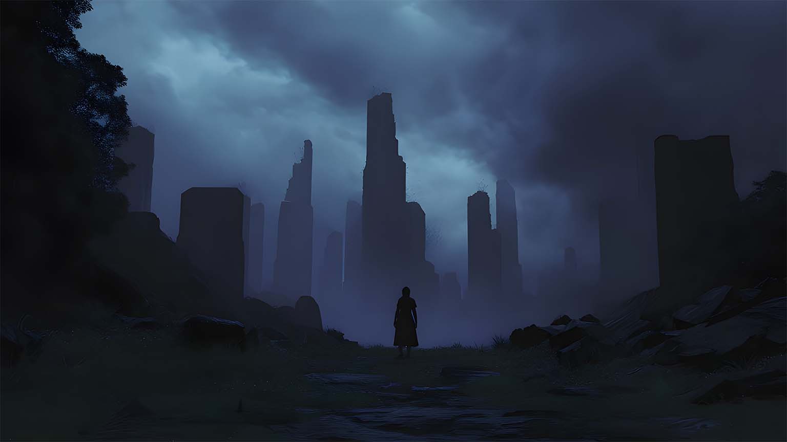1536x864 Dystopian Ruins Silhouette Dark Mood Desktop Wallpaper 4K