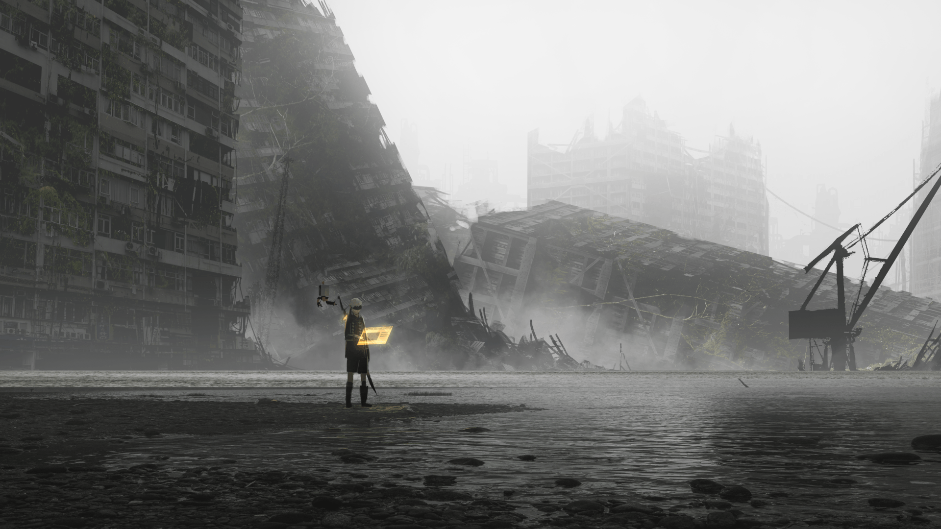 1920x1080 Dystopian Landscape ft. 9S from Nier;Automata - [1920 x 1080]