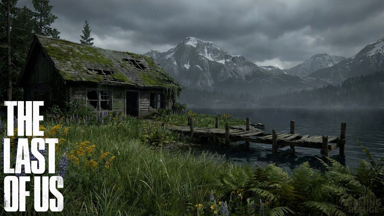 1280x720 The Last of Us Ambience. Abandoned Lakeside Cabin. Rainy Mountain View