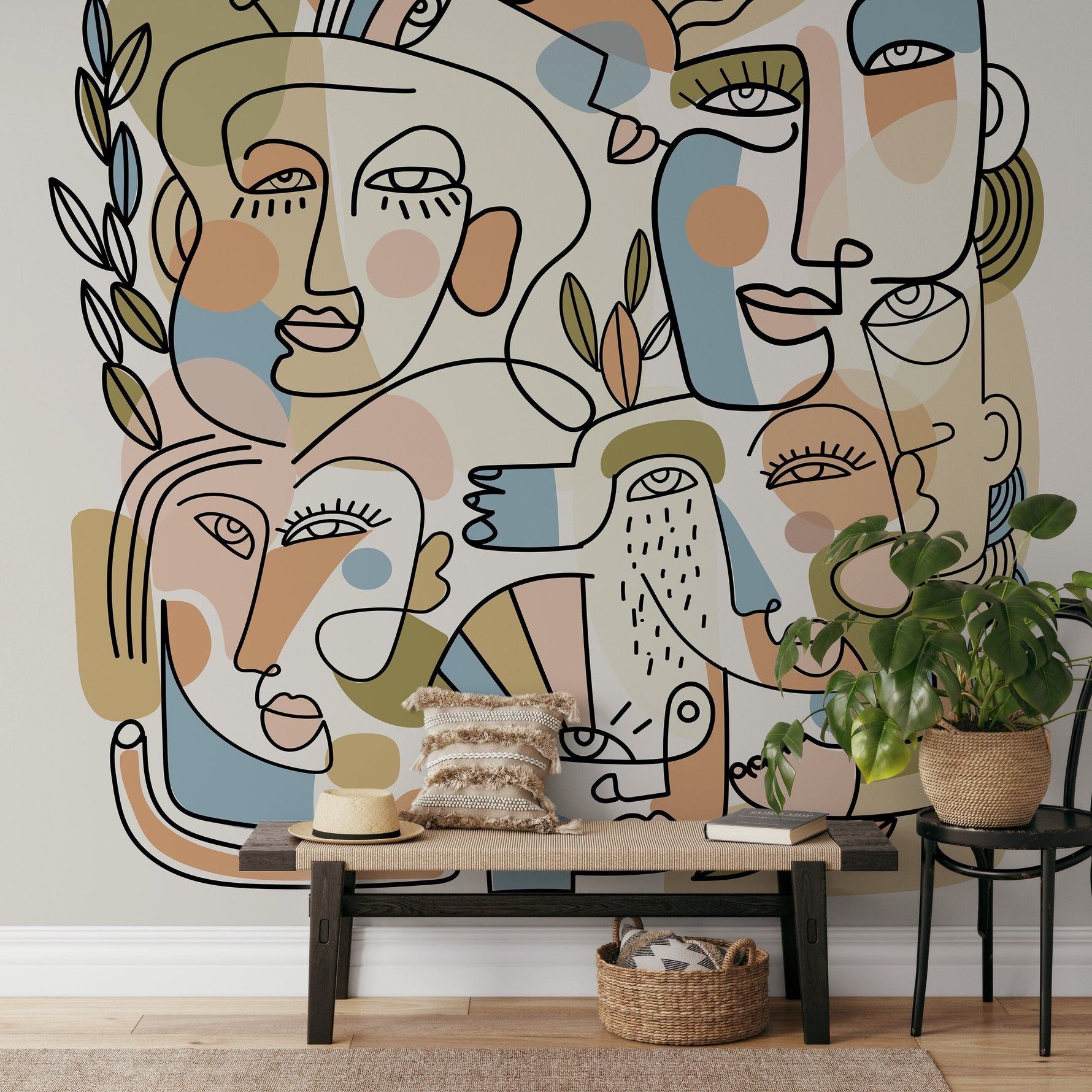 1780x1780 Modern Wallpaper with Continuous Line Art Faces in Blue, Green, and Terracotta